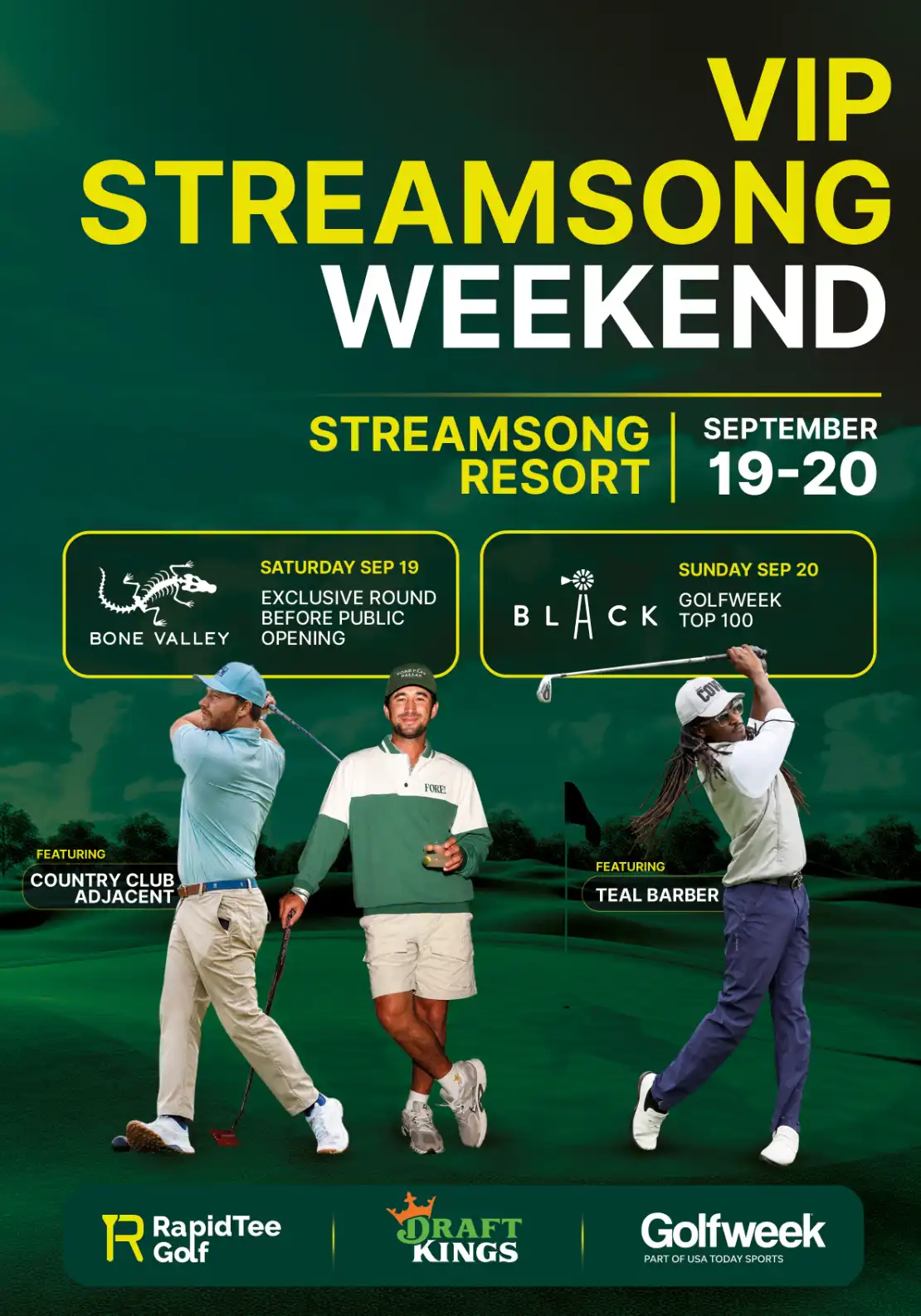 VIP Streamsong Weekend: Bone Valley on Saturday September 19 and Streamsong Black on Sunday September 20, featuring Country Club Adjacent and Teal Barber.